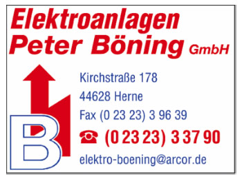 Firmenlogo der Elektroanlagen Peter Böning GmbH mit rotem Schriftzug, rotem Pfeil und blauem „B“-Symbol sowie Kontaktdaten des Unternehmens.