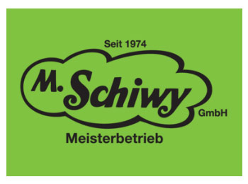 Firmenlogo der M. Schiwy GmbH mit schwarzem Schriftzug „M. Schiwy“ in einer wolkenförmigen Umrahmung auf grünem Hintergrund.