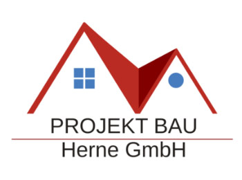 Firmenlogo der Projekt Bau Herne GmbH mit stilisierten roten Hausdächern sowie blauen Fenster- und Kreiselementen.