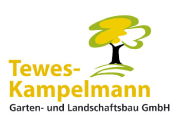 Firmenlogo der Tewes-Kampelmann Garten- und Landschaftsbau GmbH mit stilisiertem grünen Baum und gelb-grünem Schriftzug.