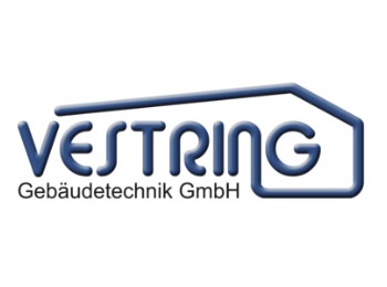 Firmenlogo der Vestring Gebäudetechnik GmbH mit blauem Schriftzug und stilisiertem Hausumriss.
