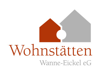 Firmenlogo der Wohnstätten Wanne-Eickel eG mit zwei stilisierten Hausformen in Rot und Grau sowie dem Schriftzug „Wohnstätten“.