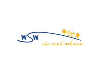 Logo von WSW mit geschwungenem blauen Schriftzug, gelben Haussymbolen und dem Slogan „wir sind wohnen“.