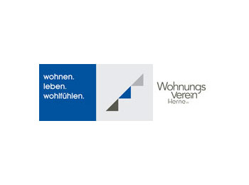 Logo des Wohnungsvereins Herne mit blauem Textfeld „wohnen. leben. wohlfühlen.“ und einem abstrakten grafischen Element in Grau und Blau.