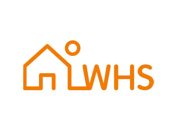 Logo der WHS mit orangefarbenem, stilisiertem Haus und rundem Element sowie dem Schriftzug „WHS“.