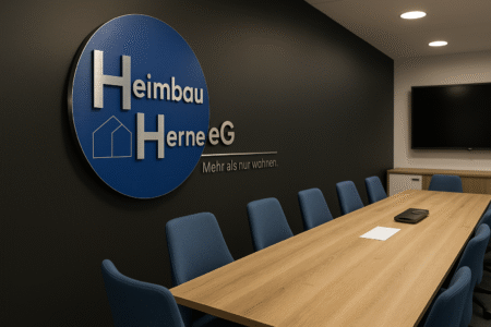 Moderner Konferenzraum mit großem Holztisch, blauen Stühlen und dem Logo der Heimbau Herne eG an einer dunklen Wand.