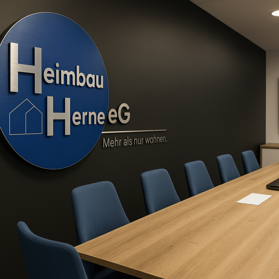 Moderner Konferenzraum mit großem Holztisch, blauen Stühlen und dem Logo der Heimbau Herne eG an einer dunklen Wand.