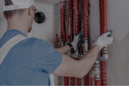 Ein Handwerker überprüft rote Rohrleitungen und Ventile an einer Wand und führt Wartungsarbeiten durch.