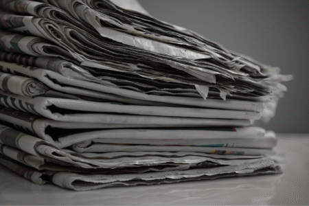 Ein Stapel zusammengefalteter Zeitungen liegt auf einer hellen Oberfläche, die Kanten wirken leicht zerknittert.