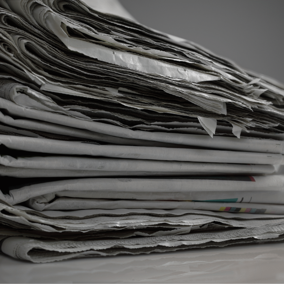 Ein Stapel zusammengefalteter Zeitungen liegt auf einer hellen Oberfläche, die Kanten wirken leicht zerknittert.