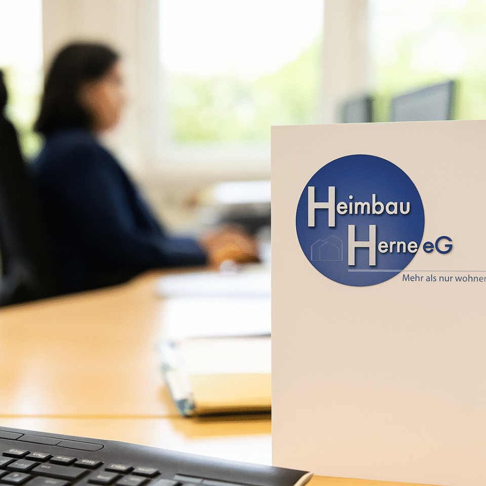 Broschüre der Heimbau Herne eG auf einem Schreibtisch, im Hintergrund sitzt eine Mitarbeiterin am Computer.
