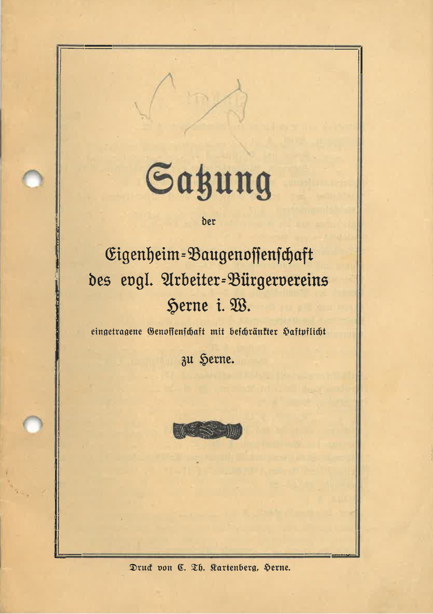Titelblatt einer historischen Satzung auf vergilbtem Papier mit typografischem Rahmen und gedrucktem Titel der damaligen Genossenschaft.
