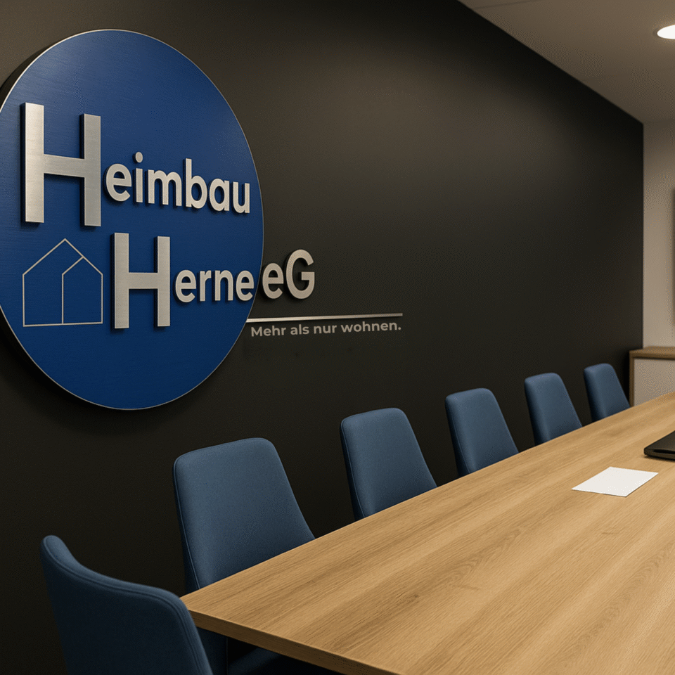 Sitzungsraum mit großem Konferenztisch und mehreren blauen Stühlen. An der Wand hängt das Heimbau Logo