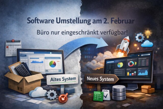 🚀 Wir gehen den nächsten Schritt!
Am 2. Februar stellen wir unsere Software von Wodis Sigma auf Wodis Yuneo um 🔄💻
Damit machen wir unsere Prozesse zukunftsfähiger und noch effizienter ✨
⚠️ Bitte beachtet:
Unser Büro ist vom 02.02.2026 bis zum 04.02.26 nur eingeschränkt verfügbar/erreichbar 🏢⏳
In dringenden Fällen richten Sie sich per Mail an uns oder hinterlassen uns eine Nachricht auf dem Anrufbeantworter.
Vielen Dank für euer Verständnis und eure Geduld 🙏💙
Ihr Heimbau Team!